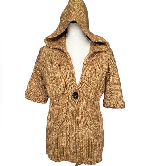 LOFT Alpaca Wool Blend Cardigan Sweater Cable Knit Hood Button Tan Cozy Petite S - Picture 3 of 11